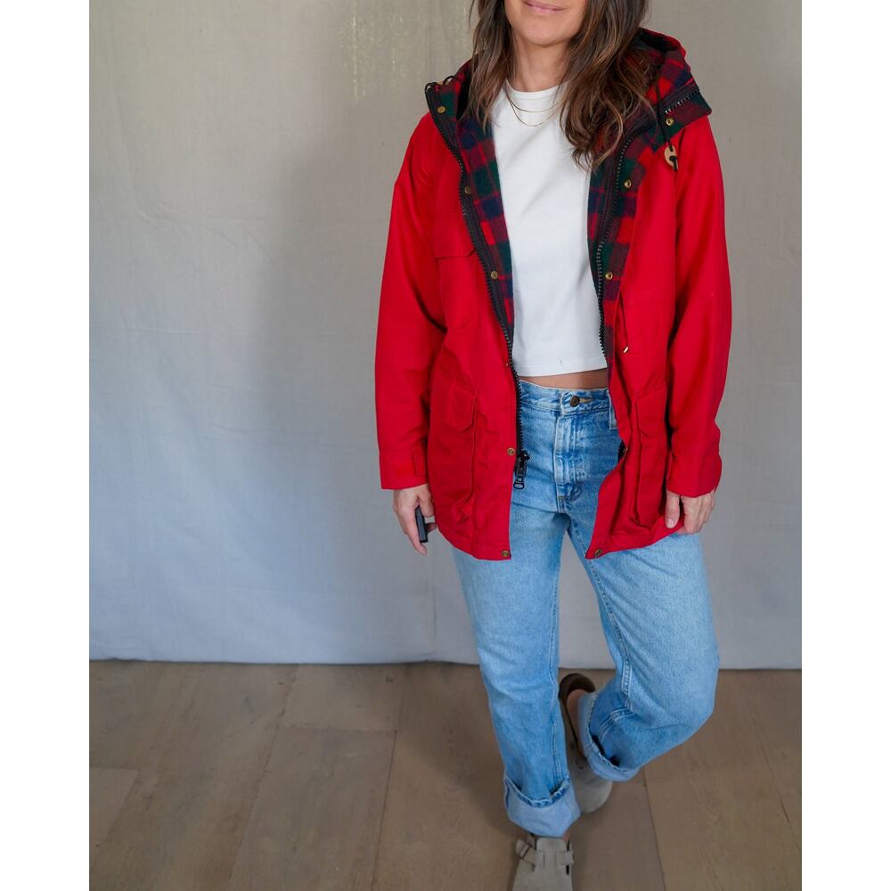 Woolrich Red Hooded Field Jacket / Plaid Lined Utility Coat